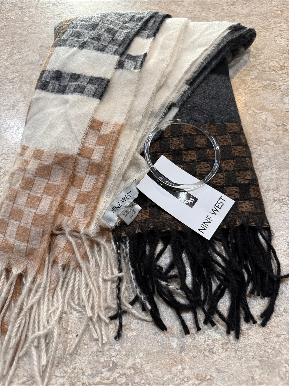 Nine West Checked Fringe Scarf in Cream, Tan & Black